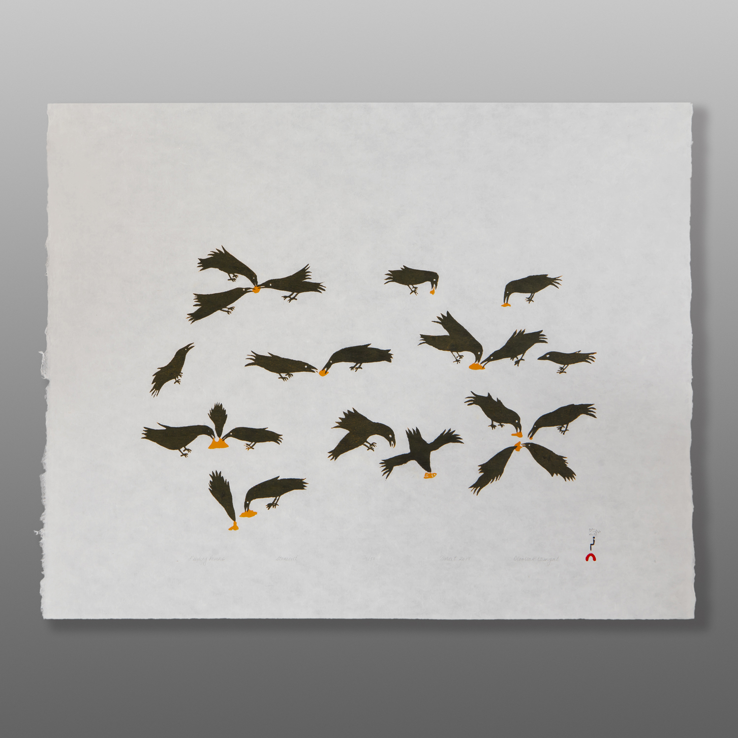 Feeding Ravens
OLOOREAK ETUNGAT
InuitStonecut
Paper: Kizuki Kozo White
Printer: Cee Pootoogook
19” x 24 ¼”
$ 500
$400Arctic Bird Show 2024

