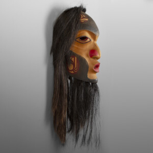 Wildwoman
Darren Joseph
Coast Salish
Red cedar, horsehair, paint
16" x 9" x 7½” (28" hair)
$3600
Mask Show 2024
