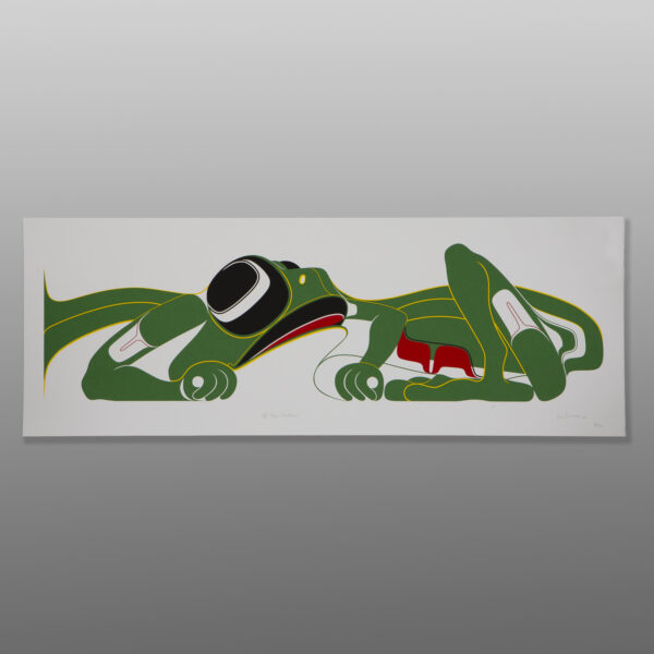 Hol Kyan Kustaan (hlk'yáan ñ'ust'áan)
Frog - Crab of the Woods
Jay Simeon
Haida
30" x 11"
$350