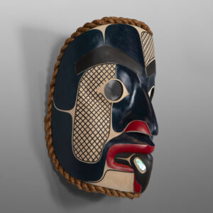 "A Message from the Deep"
Clifton Guthrie
Tsimshian
Alder, cedar bark, abalone, paint
13" x 9" x 7"
5,500