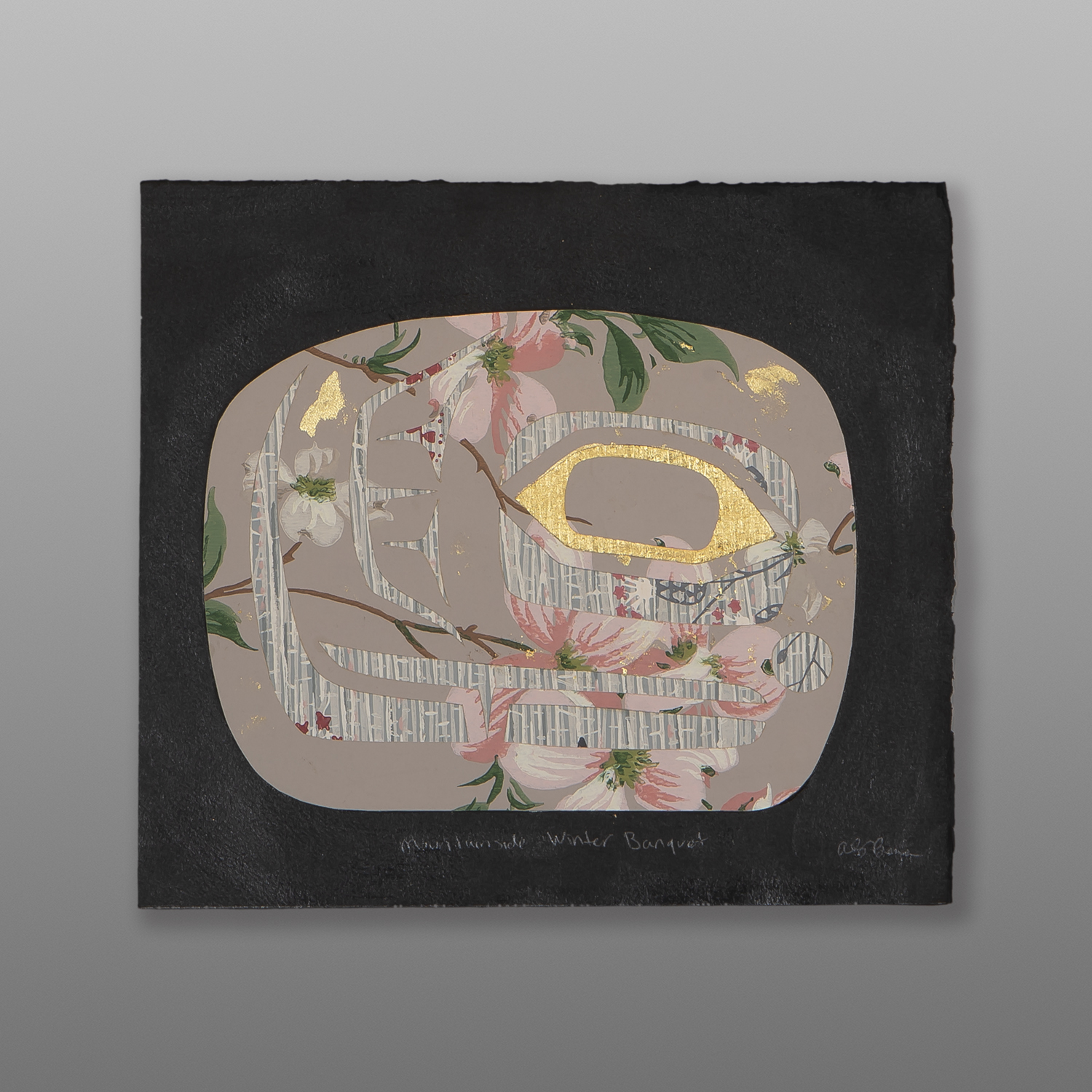 Mountainside Winter Banquet
Alison Bremner
Tlingit
Wallpaper, acrylic, metal leaf
11" x 10"
$450