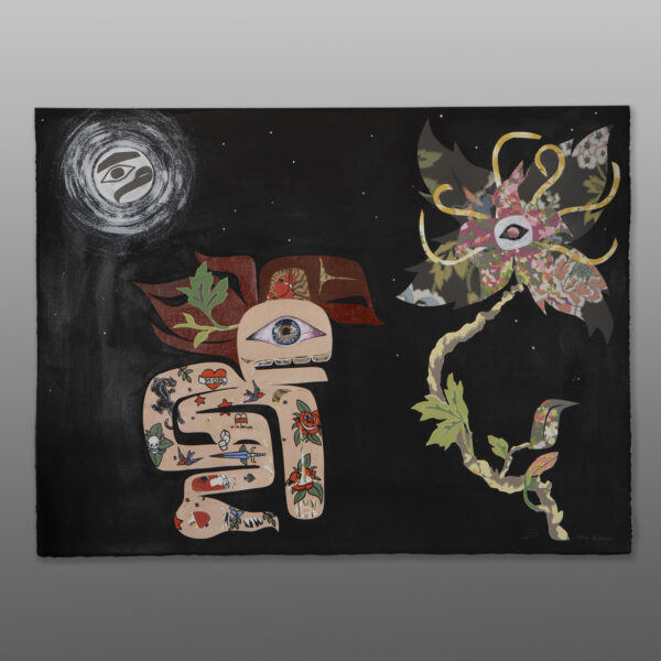 ...
Alison Bremner
Tlingit
Wallpaper, acrylic, metal leaf
30" x 22¼"
3,200