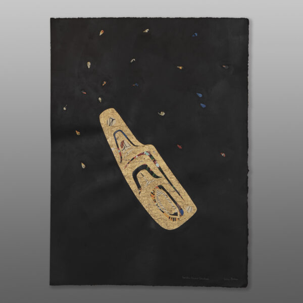 Golden Gucci Geoduck
Alison Bremner
Tlingit
Wallpaper, paint, metal leaf
30" x 22¼"
$2600