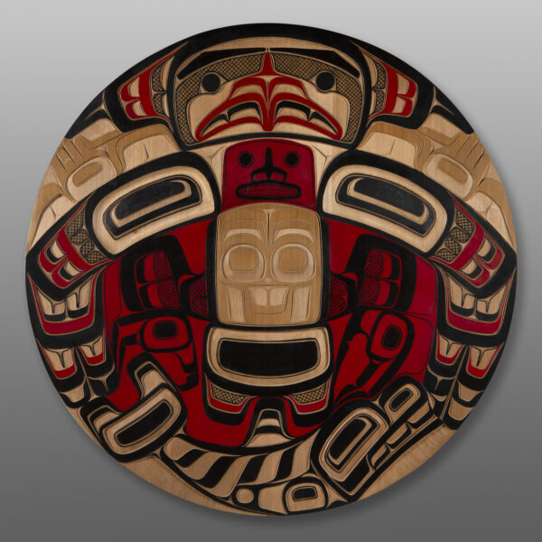 Thunderbird & Orca Panel
Corey Moraes
Tsimshian
Red cedar, paint
36" x dia. x 2"
Panel Show 2025