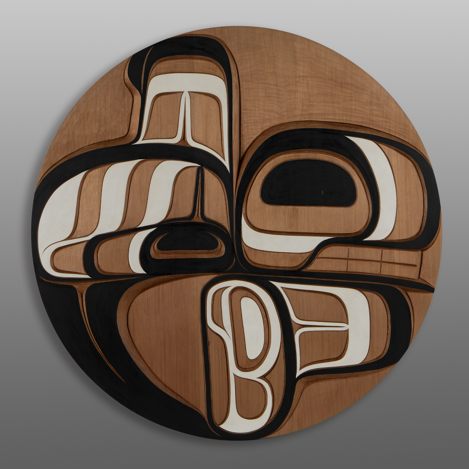Ńeekhl – Killer Whale Panel
Harrison Martin
Tsimshian/Nisga'a
Red cedar, paint
30" dia. x 1 ¾”
3600
Panel Show 2025