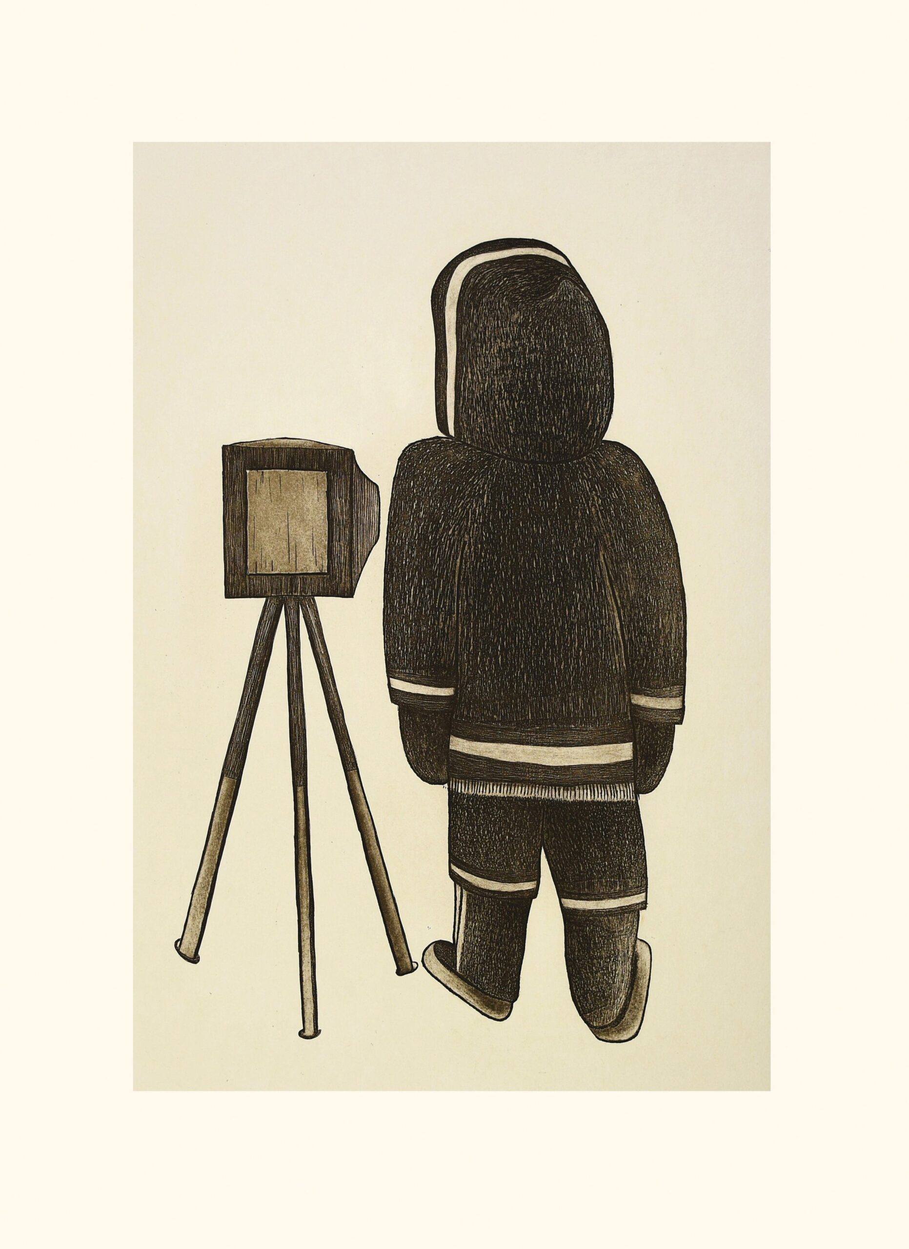 Peter Pitseolak Ajjiliuriji (Peter Pitseolak Taking Pictures)Pee Ashevak
InuitEtching & Chine Collé
28 ½” x 20 ¾”72.6 x 52.9 cm450