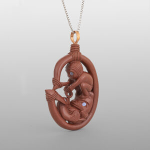 Human & Wolf Salmon Fishing Pendant
Gary Olver
Woodland Cree
Catlinite, abalone, copper, custom stand
1¾” x 1⅛” x ½” (4½" with stand)
2900