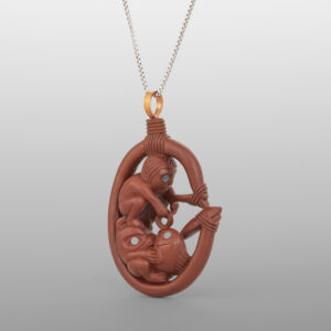 Human & Wolf Salmon Fishing Pendant
Gary Olver
Woodland Cree
Catlinite, abalone, copper, custom stand
1¾” x 1⅛” x ½” (4½" with stand)
2900