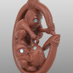 Human & Wolf Salmon Fishing Pendant
Gary Olver
Woodland Cree
Catlinite, abalone, copper, custom stand
1¾” x 1⅛” x ½” (4½" with stand)
2900