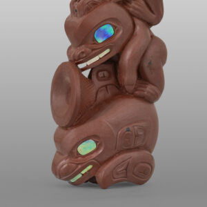 Four West Coast Clans Pipe
(Raven, Wolf, Bear, Killerwhale)
Gary Olver
Woodland Cree
Catlinite, abalone, bone, custom stand
5¼” x 1½” x 1” (3" with stand)
8500