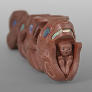 Four West Coast Clans Pipe
(Raven, Wolf, Bear, Killerwhale)
Gary Olver
Woodland Cree
Catlinite, abalone, bone, custom stand
5¼” x 1½” x 1” (3" with stand)
8500