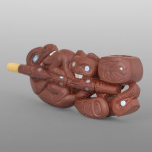 Wolf, Beaver & Eagle Pipe
Gary Olver
Woodland Cree
Catlinite, abalone, bone, custom stand
3” x 1¼” x ½” (2¾" with stand)
4500