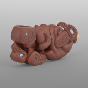 Wolf, Beaver & Eagle Pipe
Gary Olver
Woodland Cree
Catlinite, abalone, bone, custom stand
3” x 1¼” x ½” (2¾" with stand)
4500