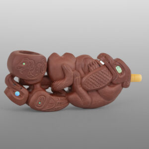 Wolf, Beaver & Eagle Pipe
Gary Olver
Woodland Cree
Catlinite, abalone, bone, custom stand
3” x 1¼” x ½” (2¾" with stand)
4500