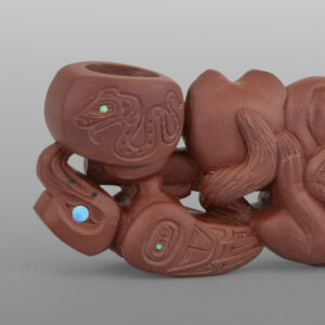 Wolf, Beaver & Eagle Pipe
Gary Olver
Woodland Cree
Catlinite, abalone, bone, custom stand
3” x 1¼” x ½” (2¾" with stand)
4500