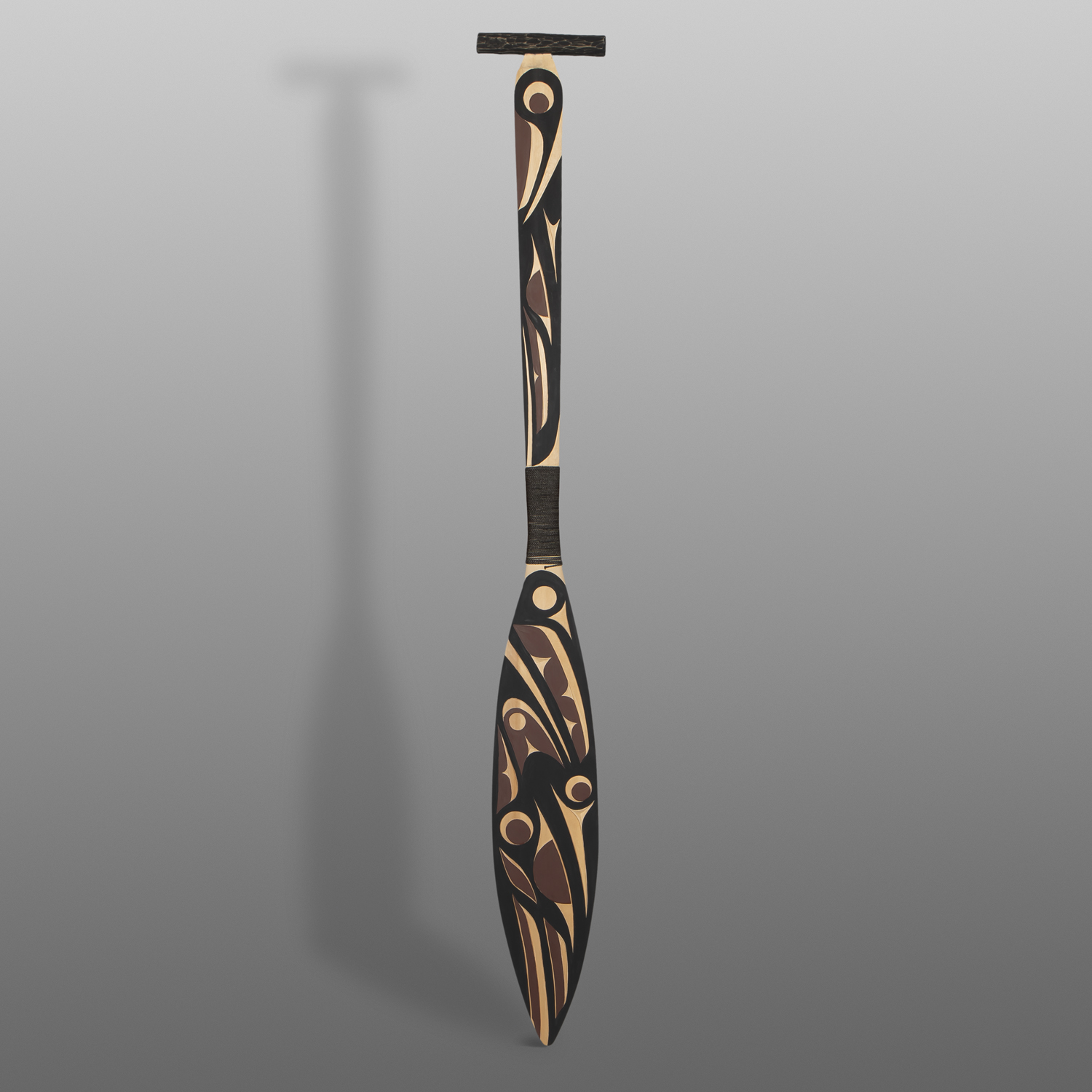 Blue Jay & Raven Paddle
Andy Peterson
Coast Salish
Yellow cedar, cord, paint
48" x 6" x 1"
1,600