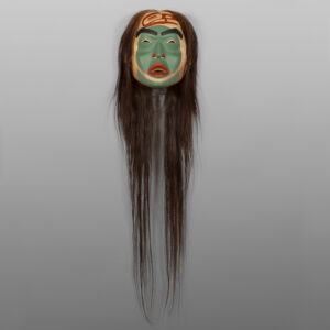 Txaamsm - The Raven
Shawn Aster
Tsimshian
Alder, horsehair, paint
11" x 11” x 6"
(50" with hair)
5,800
