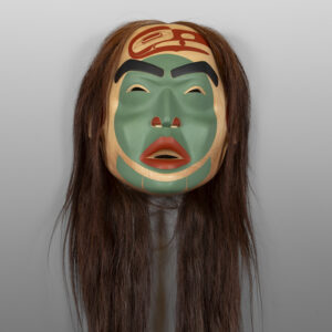 Txaamsm - The Raven
Shawn Aster
Tsimshian
Alder, horsehair, paint
11" x 11” x 6"
(50" with hair)
5,800