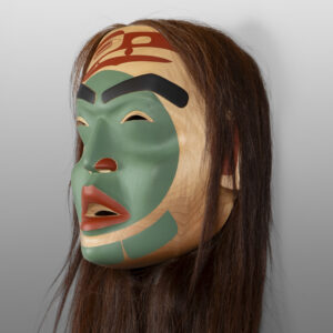 Txaamsm - The Raven
Shawn Aster
Tsimshian
Alder, horsehair, paint
11" x 11” x 6"
(50" with hair)
5,800
