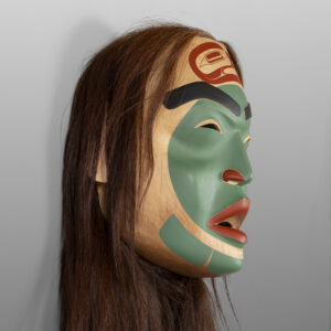Txaamsm - The Raven
Shawn Aster
Tsimshian
Alder, horsehair, paint
11" x 11” x 6"
(50" with hair)
5,800