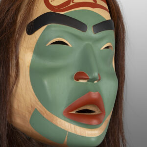 Txaamsm - The Raven
Shawn Aster
Tsimshian
Alder, horsehair, paint
11" x 11” x 6"
(50" with hair)
5,800