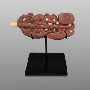 Wolf, Beaver & Eagle Pipe
Gary Olver
Woodland Cree
Catlinite, abalone, bone, custom stand
3” x 1¼” x ½” (2¾" with stand)
4500