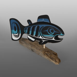 Swimming Salmon
Rod Smith - Thaelkualis
Oweekeno
Basswood, driftwood, paint
14" x 7" x 4½"
$900