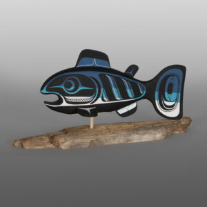 Swimming Salmon
Rod Smith - Thaelkualis
Oweekeno
Basswood, driftwood, paint
14" x 7" x 4½"
$900