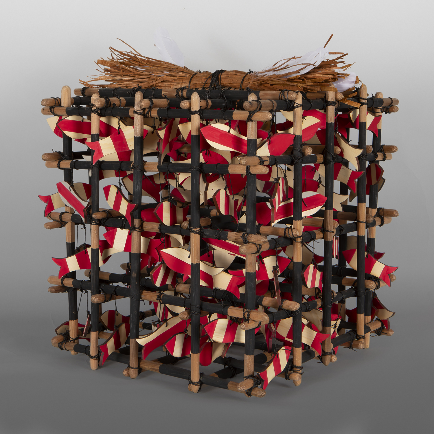 Salmon Weir Rattle
Gerren Peters
Nuu-cha-nulth
Red & yellow cedar, cedar bark, feathers, twine, paint
18" x 16" x 16"
$2800