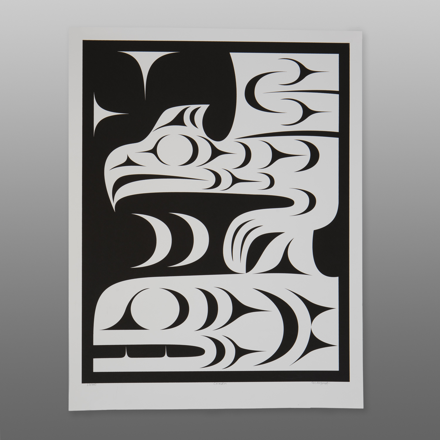 Ch'askin - Thunderbird & Orca
Margaret August
Coast Salish
Serigraph
28½" x 22"
$140