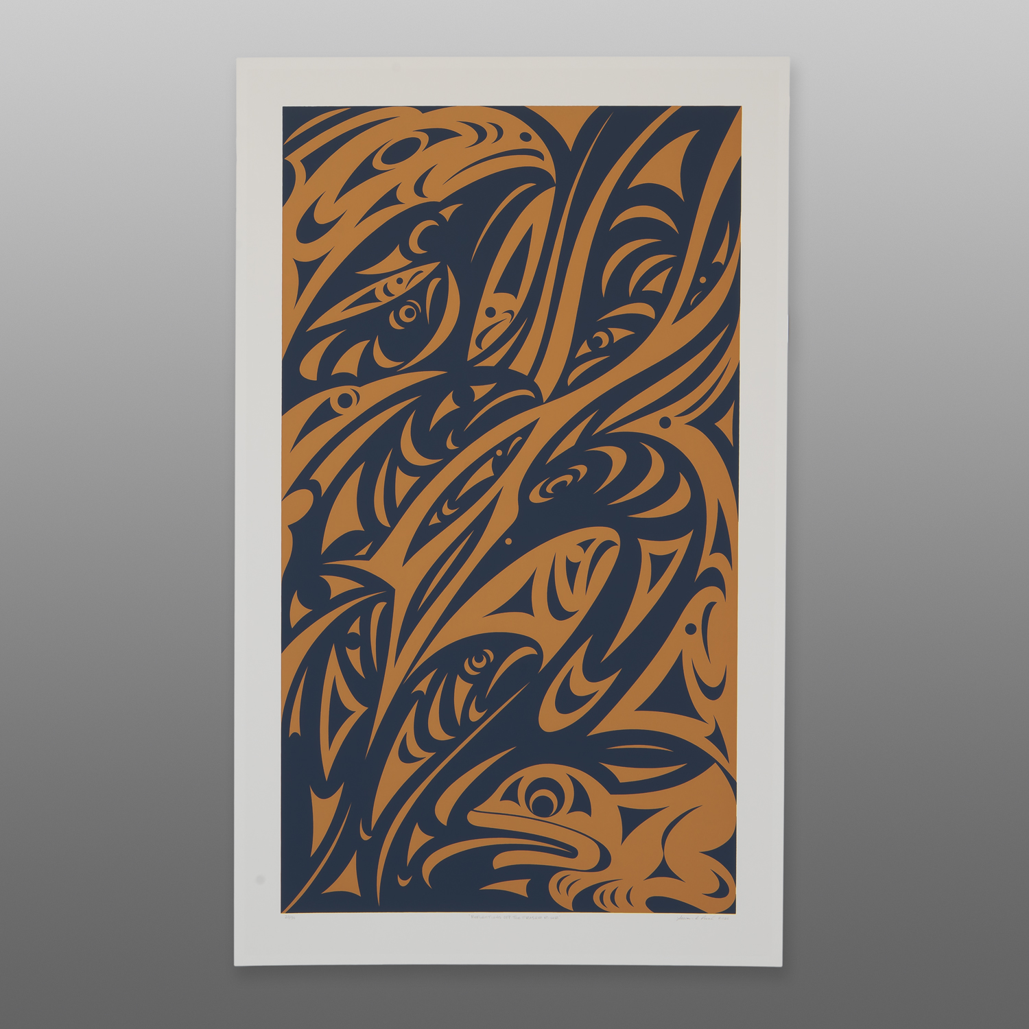 Reflections Off The Fraser River: State III Fraser River Sunset
Susan Point, RCA
Coast Salish
Serigraph
18" x 29"
525