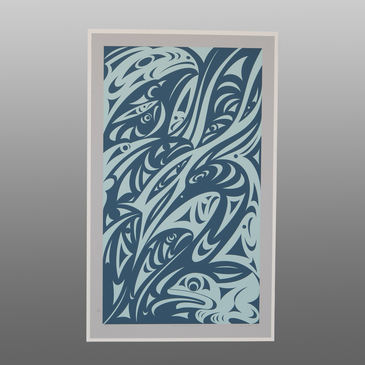Reflections Off The Fraser River: State II Salish Sky Blue
Susan Point
Susan Point, RCA
Coast Salish
Serigraph
18" x 29"
525