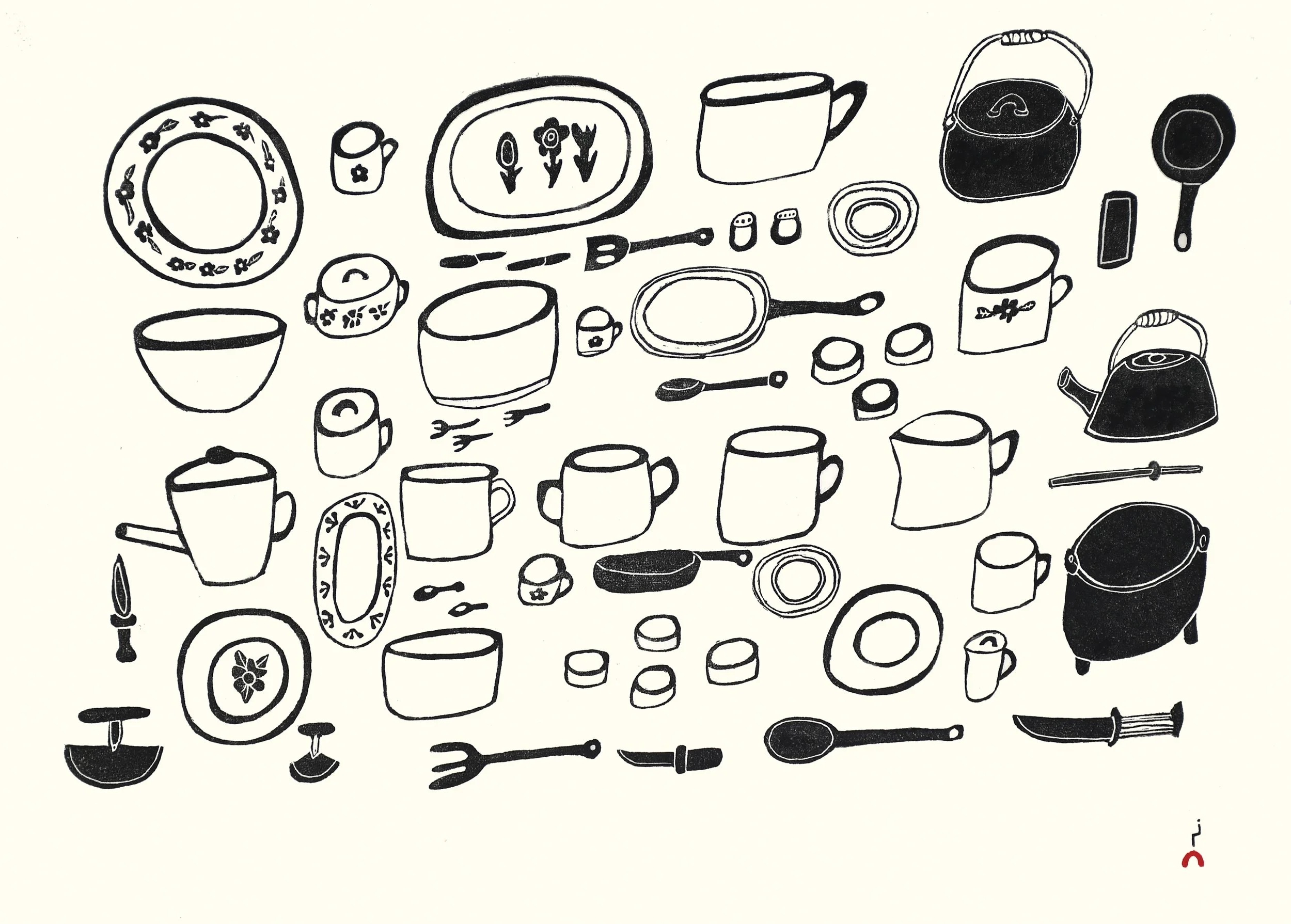 Ananaanama Uutsitingi  (My Mother’s Kitchen Set)
Mary Eli Parr
Stonecut
16 ½” x 22 ¾”  
$375
# 26-17
