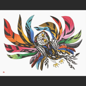 OOLOOSIE SAILA
22 1/4 x 28 3/4
32. Festive OwlLithographPaper: BFK Rives  WhitePrinter: Niveaksie Quvianaqtuliaq56.8 x  73.3 cm$ 1000