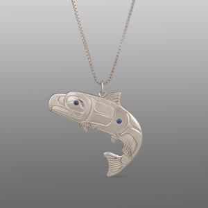 Jumping Salmon Pendant
Gus Cook
Kwakwaka'wakw
Silver, sapphire
1⅜" x 1⅜"
$900