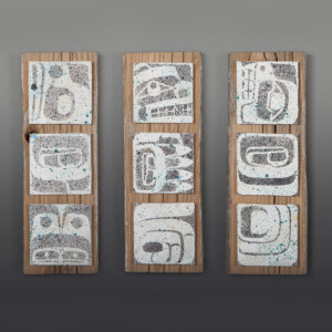 Sustenance TrioClinton Work
Kwakwaka'wakwCanvas panels on cedar
15” x 5” x 1” each$1200 /set