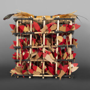 Salmon Weir Rattle
Gerren Peters
Nuu-Chah-Nulth
Red cedar, cedar bark, feathers, paint
16" x 16" x 16"
$2500