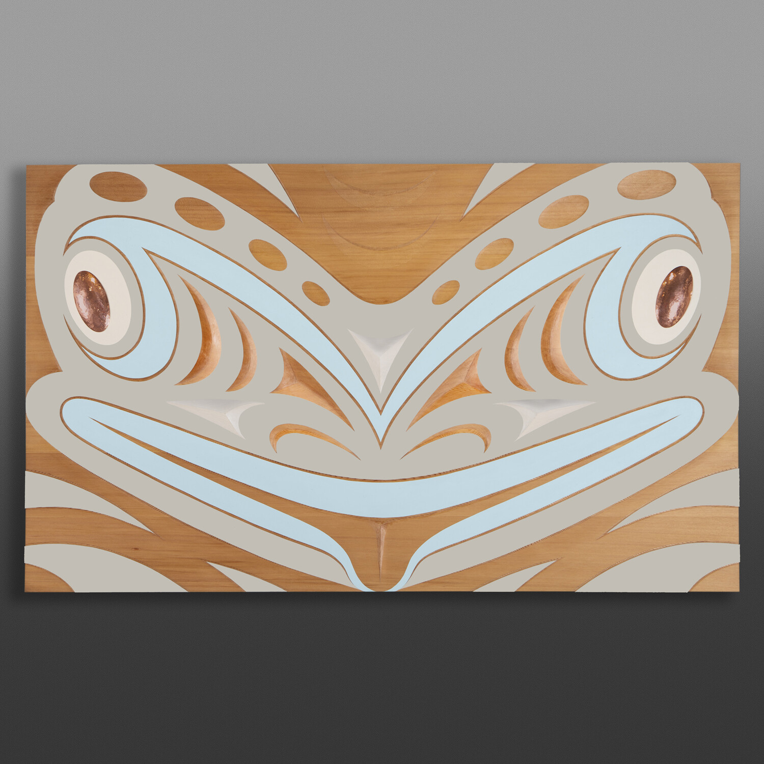 Disguised (Frog Panel)
Kelly Cannell
Coast Salish
Red cedar, paint, copper
23 ¾” x 39” x 2 ½”
$6500
