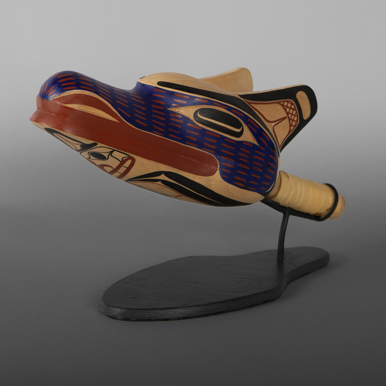 Wolf Rattle
David A Boxley
Tsimshian
Alder, leather, paint, beads, custom stand
12" x 4" x 4" x (&"  high with stand)
$5800