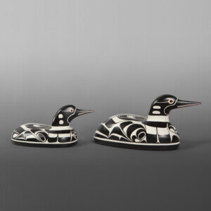 Pair of Loons
Harris Smith
Oweekeno
Yellow cedar, paint, glass
12" x 6" x 5" & 10" x 5" x 4½"
$2400/pair