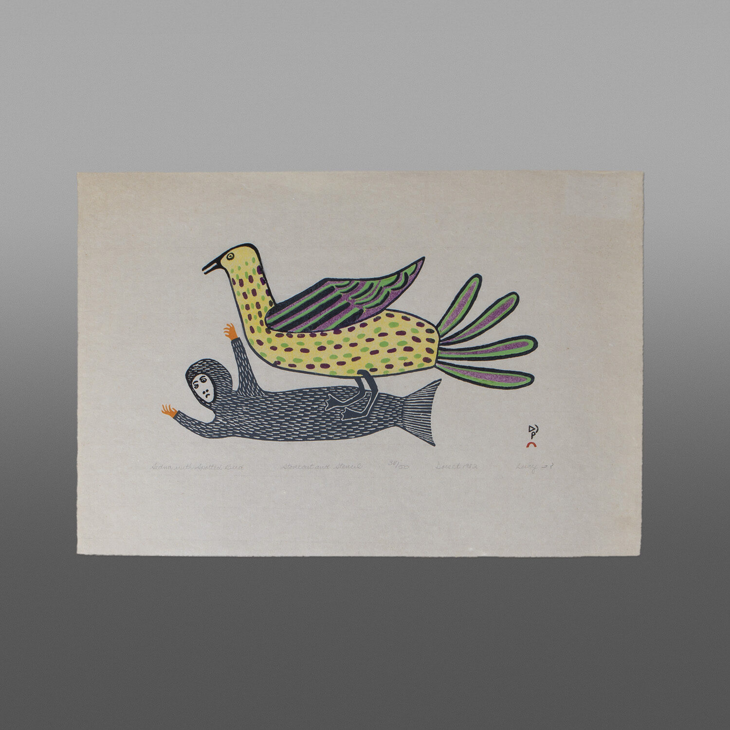 Sedna With Spotted Bird
Lucy Quinnuayuak
Inuit
Stonecut & Stencil
24½” x  17"