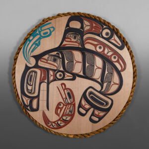 Orca & the Seal Panel
David A Boxley
Tsimshian
Red cedar, cedar rope, paint
24" dia. x 1"
$4900