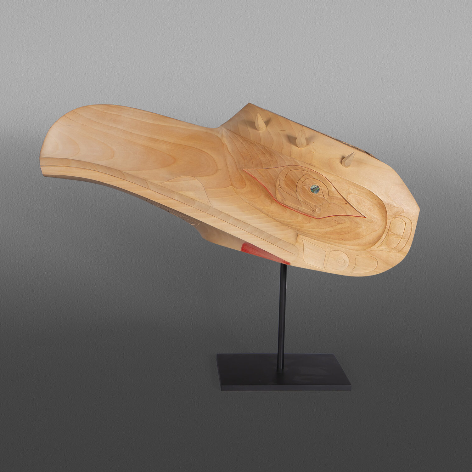 Gaax Raven
Shawn Aster
Tsimshian
Alder, paint, abalone, custom stand
20" x 8” x 10” (15” w/ stand)
$7200