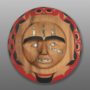 Medicine Moon
Tim Paul
Nuu-Chah-Nulth
Red cedar, abalone, paint
19" x 18" x 3"
$5200