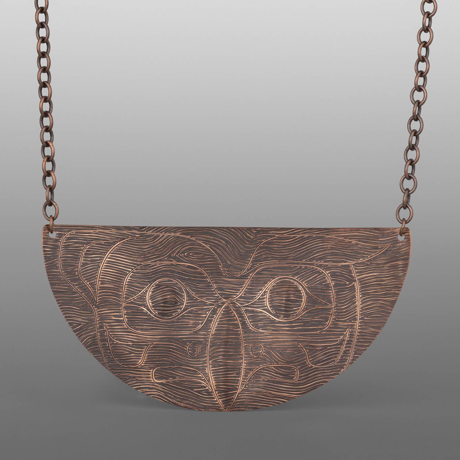 Demilune Owl Necklace
Jennifer Younger
Tlingit
Heat patinated copper
4¾" x 2¼"
$800
