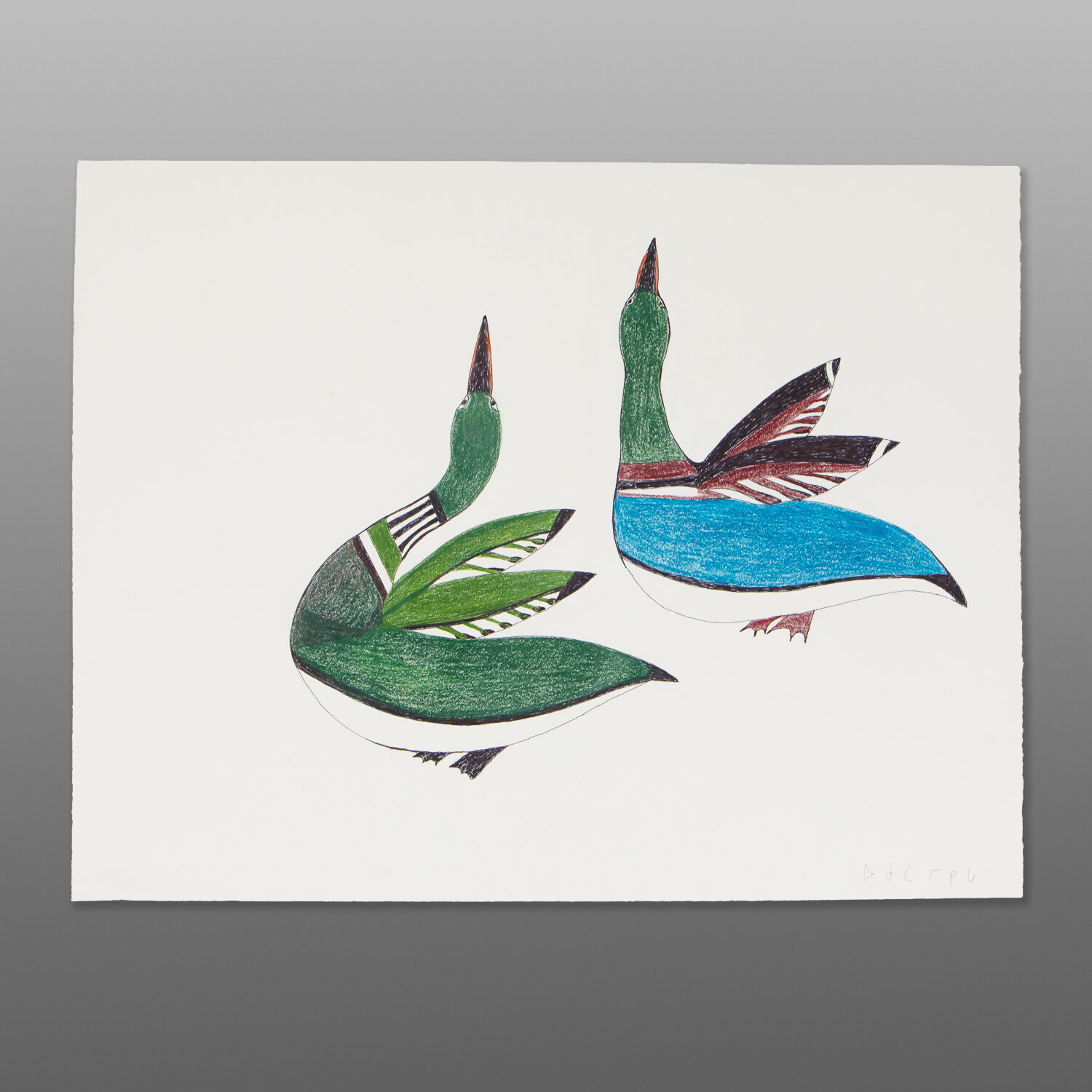 Colorful Geese
Mikkigak Ohotaq
InuitColoured pencil on paper
26" x 20"
700CAD
$550
052-0668