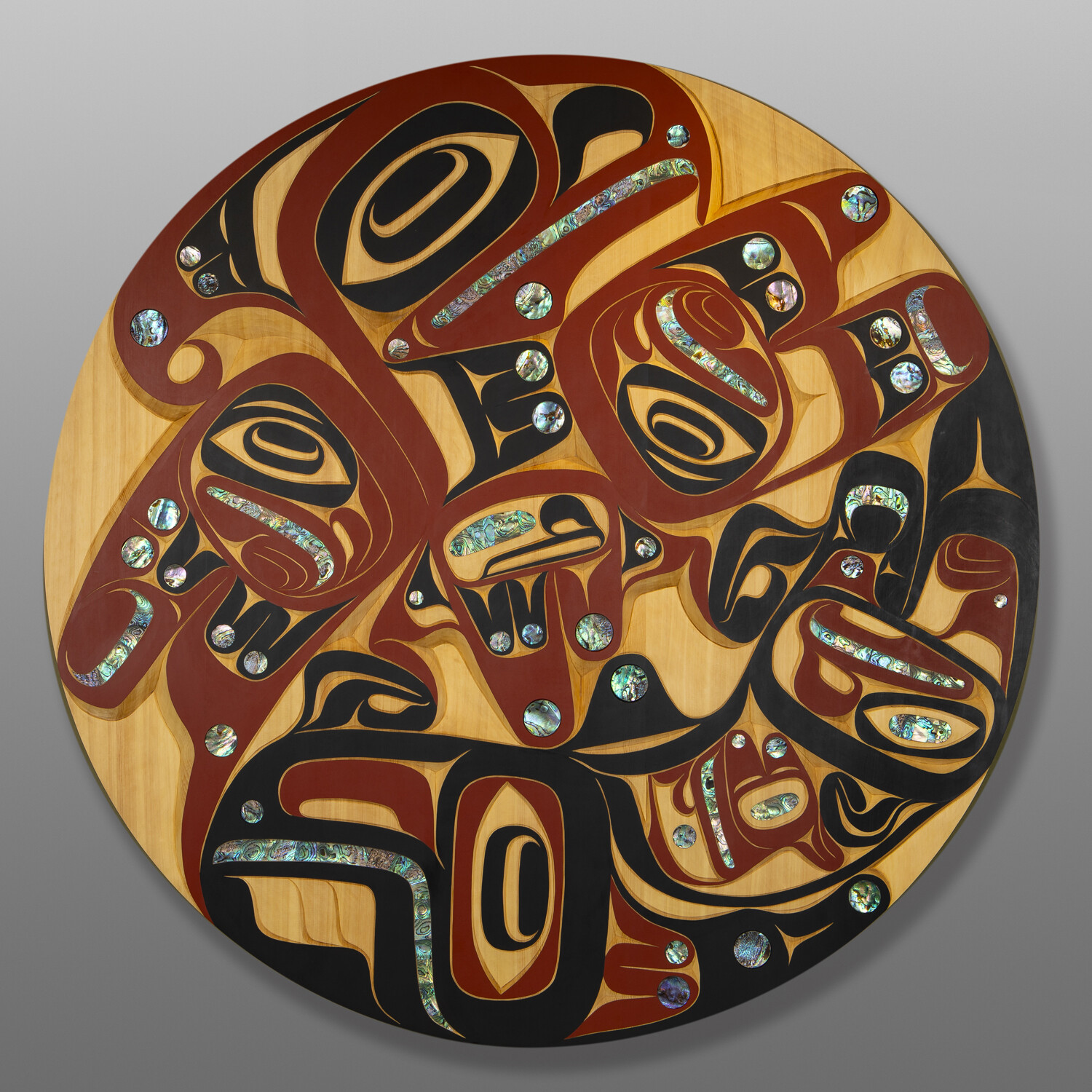 Thunderbird & Humpback Whale Panel
Moy Sutherland
Nuu-chah-nulthYellow cedar, abalone, acrylic
42½" x 2"$18500
