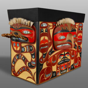 Box of Storms
Moy Sutherland
Nuu-chah-nulthYellow cedar, red cedar, abalone, horse hair, red cedar masks, red cedar bark rope, acrylic paint
30" x 23" x 48"$44000