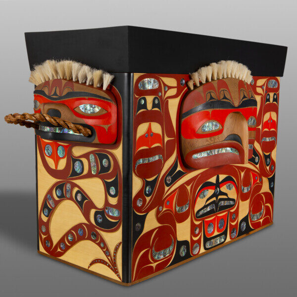 Box of Storms
Moy Sutherland
Nuu-chah-nulthYellow cedar, red cedar, abalone, horse hair, red cedar masks, red cedar bark rope, acrylic paint
30" x 23" x 48"$44000