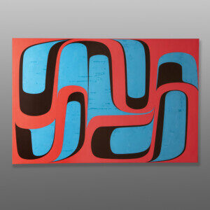 Skookum Quantum
Sheldon Skillie
Kaigani Haida/Oglala LakotaAcrylic on birch panel
24" x 36" x 1 ½"
$4800
